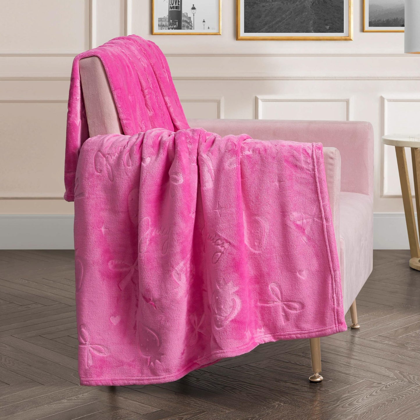 Juicy Couture Embossed Plush 60"x70" Oversized Throw Blanket, Berry Bow Hot Pink