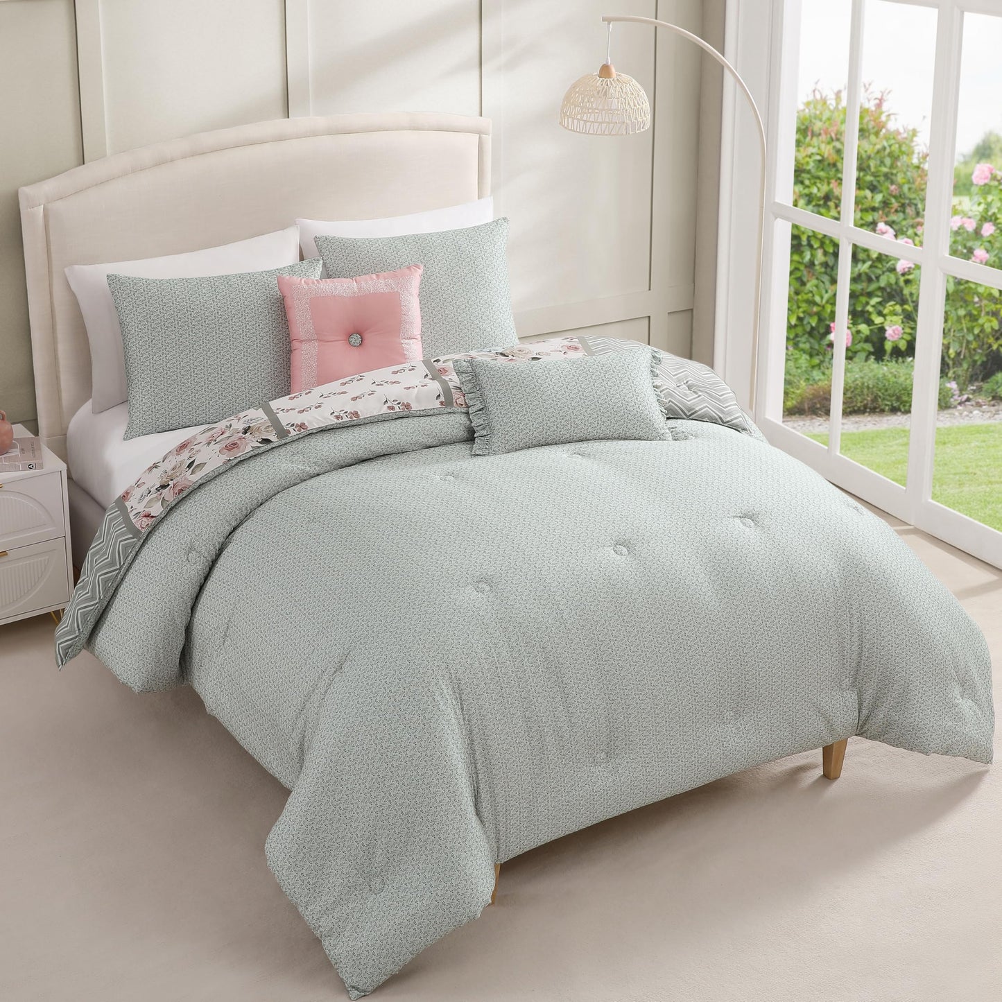 Bebejan Sage Serenity 5 Piece Reversible Comforter Set, 100% Cotton Sateen, 220 Thread Count, Bedding Comforter Set, 1 Comforter, 2 Shams & 2 Pillows (King/Cal King)