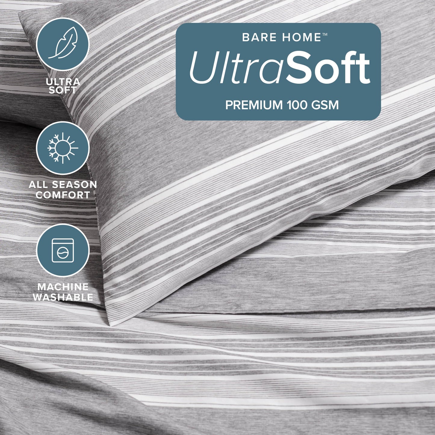 Bare Home Queen Sheet Set - Luxury 1800 Ultra-Soft Microfiber Bed Sheets - Double Brushed - Deep Pockets - Easy Fit - 4 Piece Set - Bed Sheets & Pillowcases (Queen, Heathered Charcoal - Stripe)