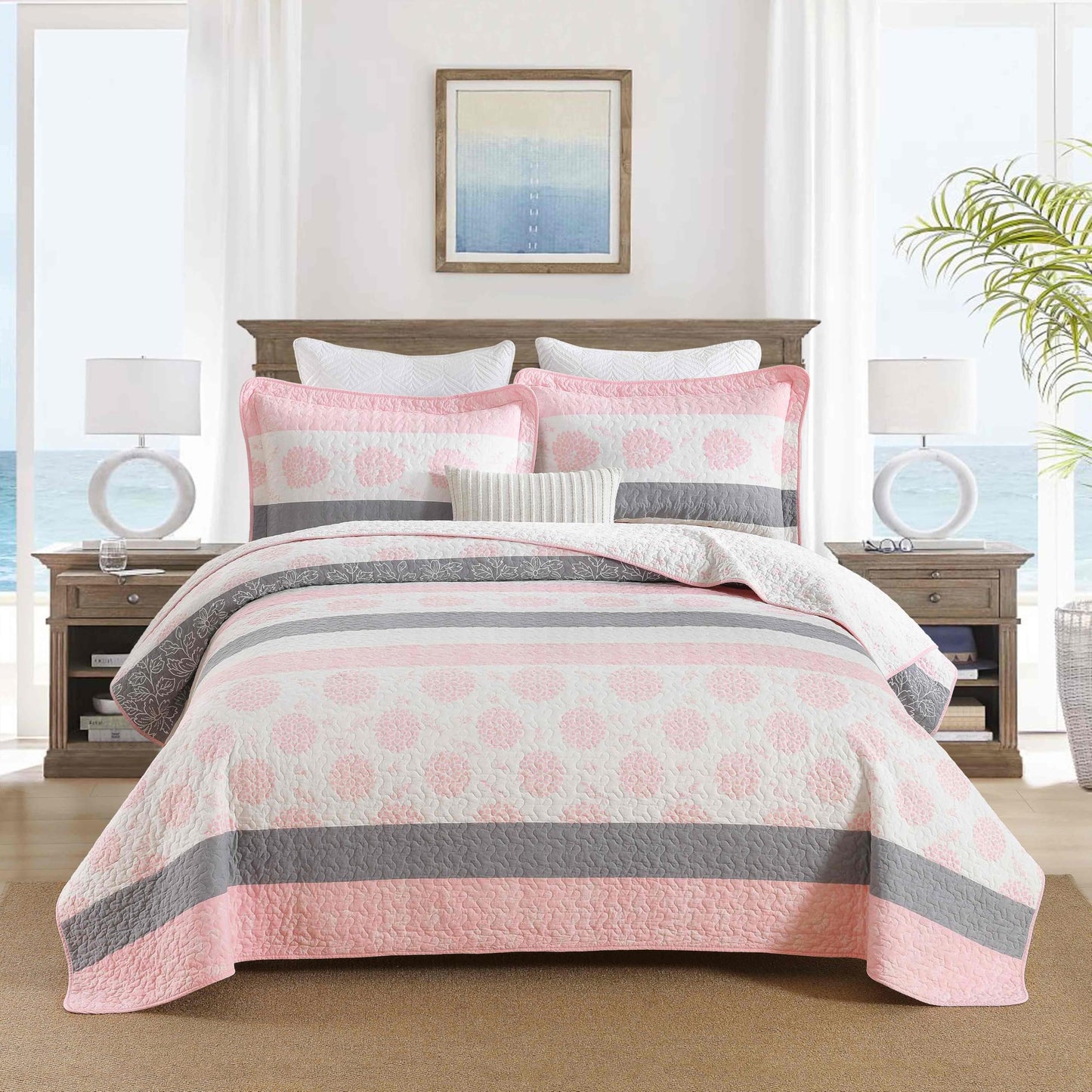 Homzard 100% Cotton Quilts Queen Size, Floral Pink Comforter Set Queen Size,Pink White Grey Bedding Set,Lightweight Floral Pattern Bedspread Set 3 Piece All Season Coverlet