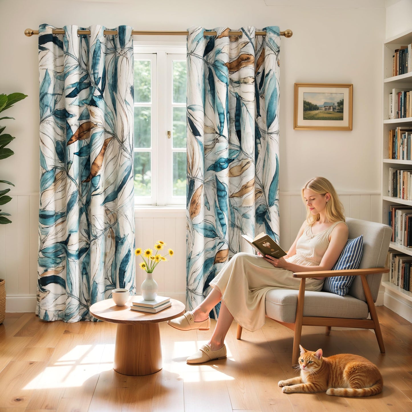 SUBRTEX Blackout Curtains 52Wx63L, Room Darkening Floral Curtains, Thermal Insulated 2 Panels Window Drapes, Boho Farmhouse Curtains for Living Room Bedroom Window Treatments, Blue