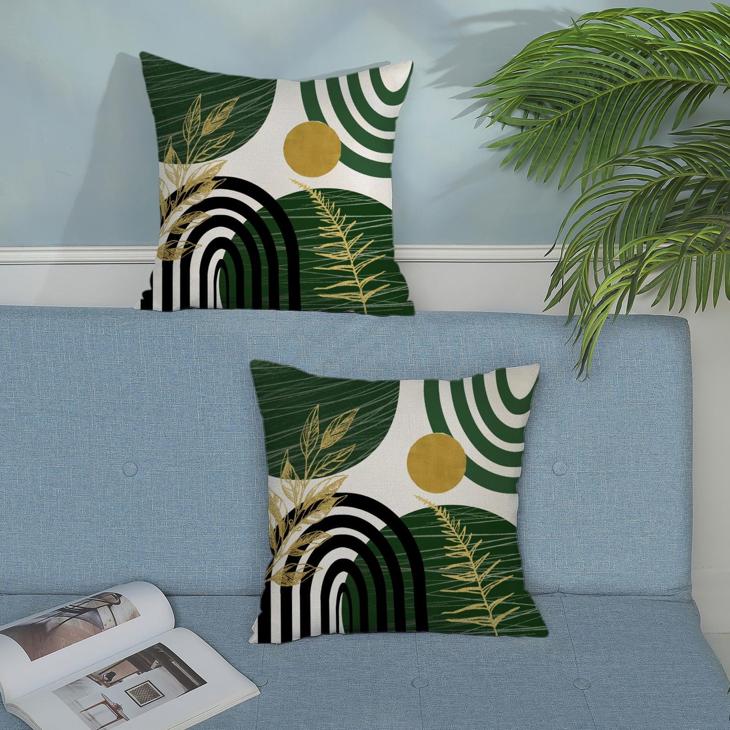 Boho Pillow Covers 18x18 Set Of Mid Century Green And Gold Leaf Art Line Throw Pillow Covers Outdoor Abstract Modern Bohemian Decor Farmhouse Linen Decorative Cushion Cover for Home Sofa Couch