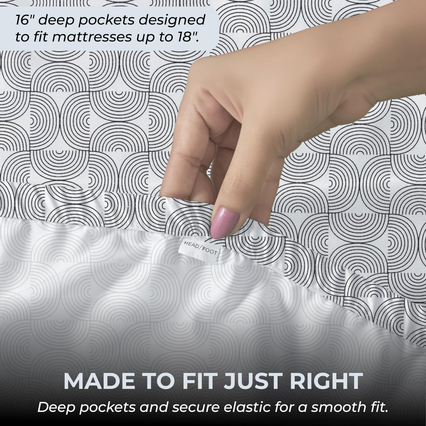 Mayil Manor Queen Size Fitted Sheet with 18" Deep Pockets, No Flat - Percale Weave Natural - Breathable 100% Cotton Printed Bedding, 1 Fitted Sheet + 2 Pillowcases - Semi Circle Print