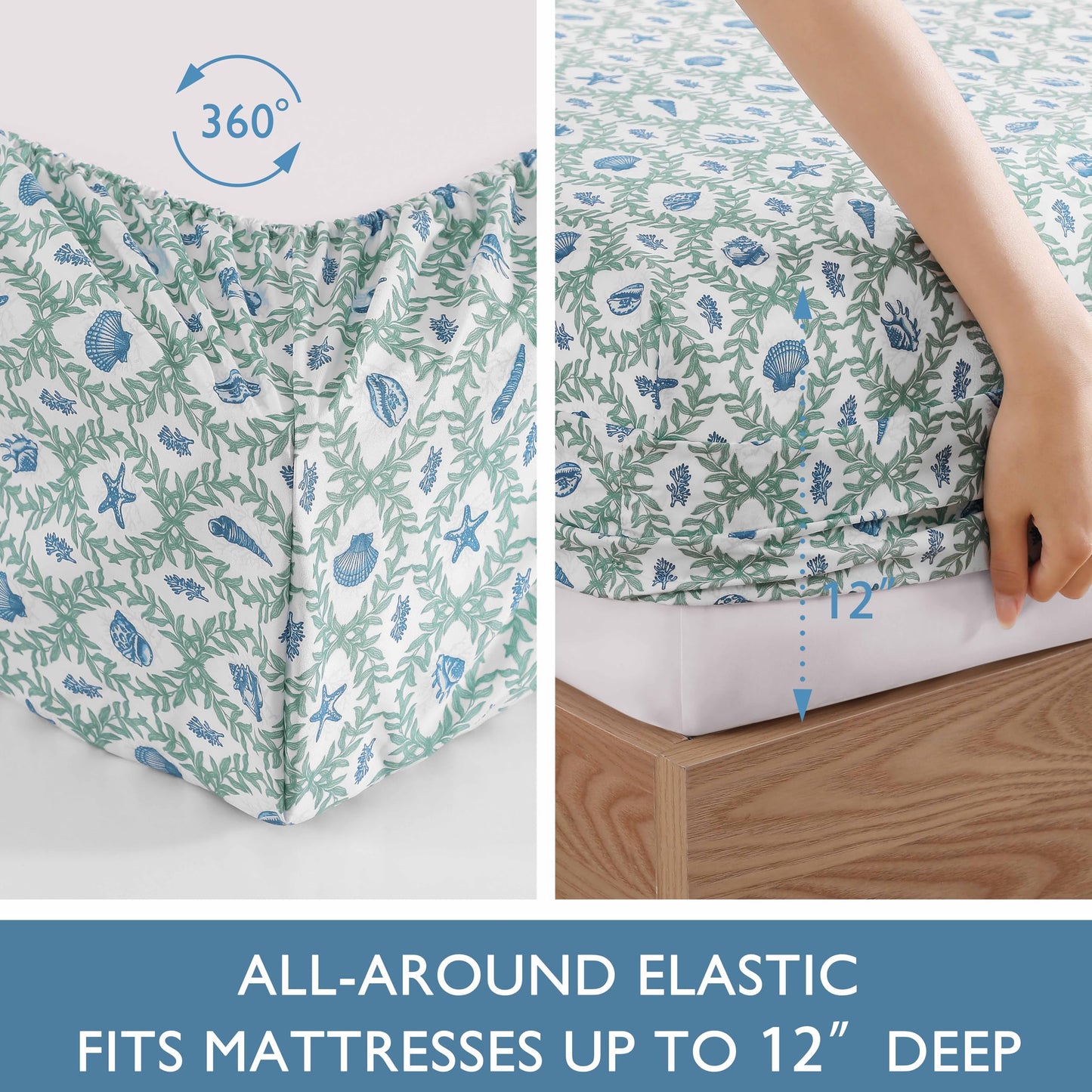 Caribbean Joe 6-Piece Sheet Set with Cooling Pillowcases, 12-inch Deep Pockets, Tropical Beach Coastal Design, Queen, Seaweed Trellis