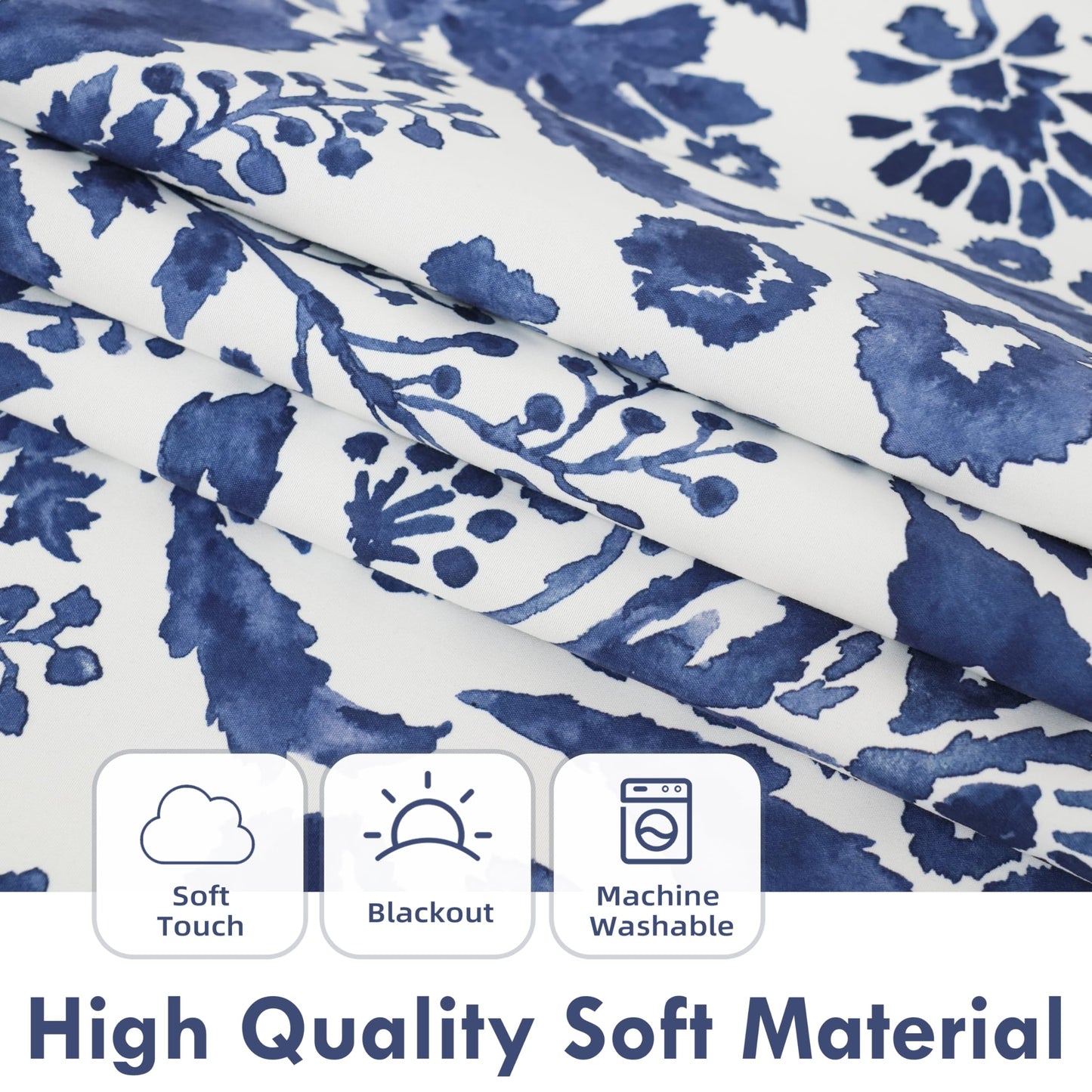 DriftAway Julia Blackout Curtains for Bedroom Navy Floral Watercolor Pattern Double Layer Thermal Insulated Sound Reducing Room Darkening Drapes for Living Room Grommet 2 Panels Each W52 x L84 Navy