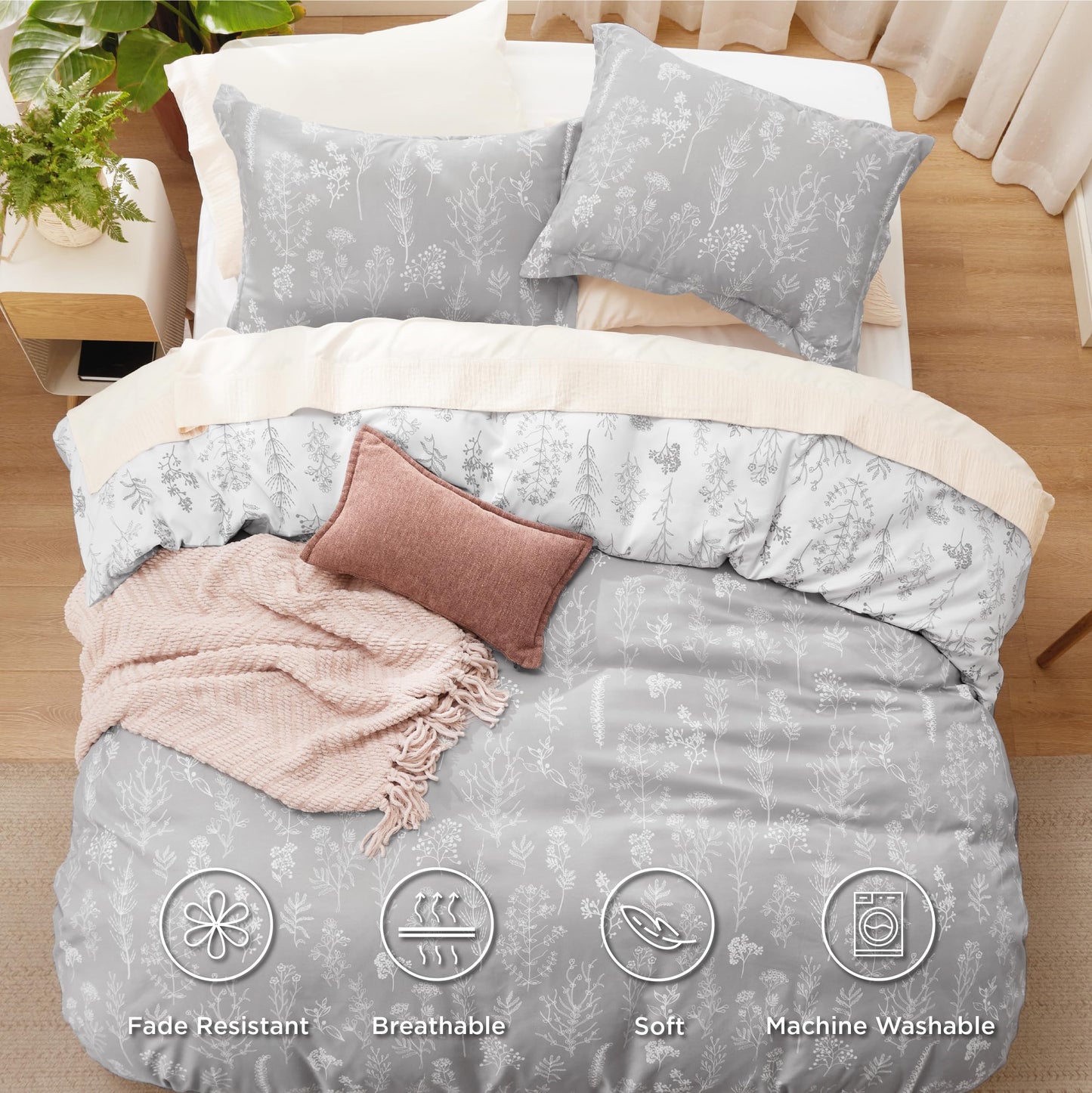 Bedsure Duvet Cover King Size - Reversible Grey King Duvet Cover Set with Zipper Closure, 3 Pieces Botanical Floral Patterned Bedding Set with 8 Corner Ties and 2 Pillow Shams