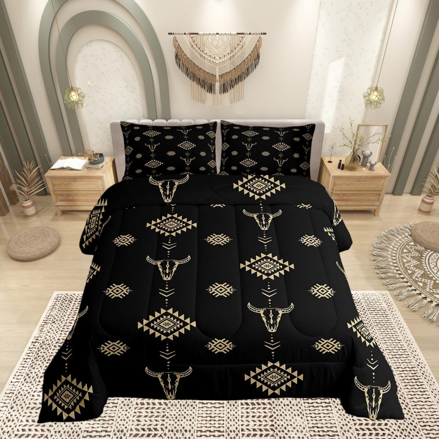 Castle Fairy Cow Skull Bed Comforter Set Queen Size,Aztec Bohemia Tribal Exotic Super Soft Microfiber Bedding Set for Girls Boys,Western Cowboy Black Gold Decorative Quilter Set 3 Pcs