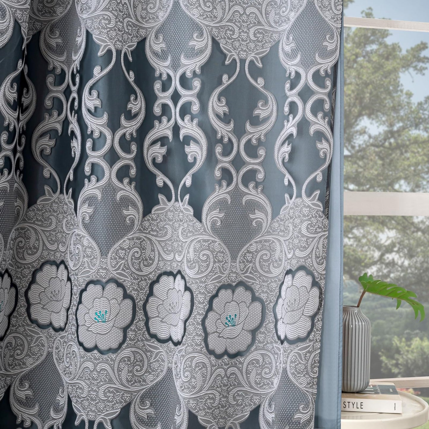 Petrichor Gray Sheer Jacquard Voile Curtains （54" W x 63" L）, 2 Panels with Attached Valance, Double Layer Floral Cutwork Design with Luxurious Texture, Rod Pocket, for Bedroom & Living Room