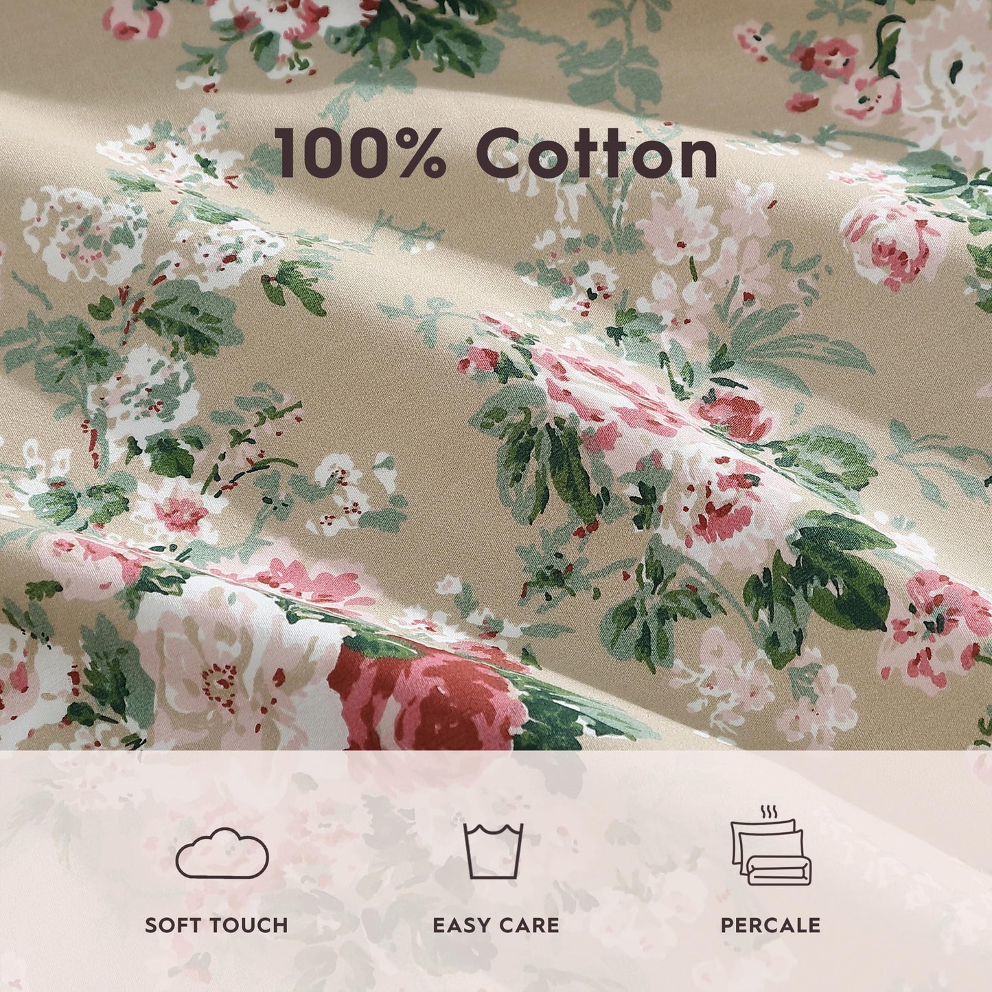 Laura Ashley – Twin Size Sheet Set, Crisp & Lightweight Cotton Percale Bedding with Fitted Sheet and Pillowcase, Floral Room Decor, Deep Pocket, College Dorm Room Essentials (Ashfield Beige)