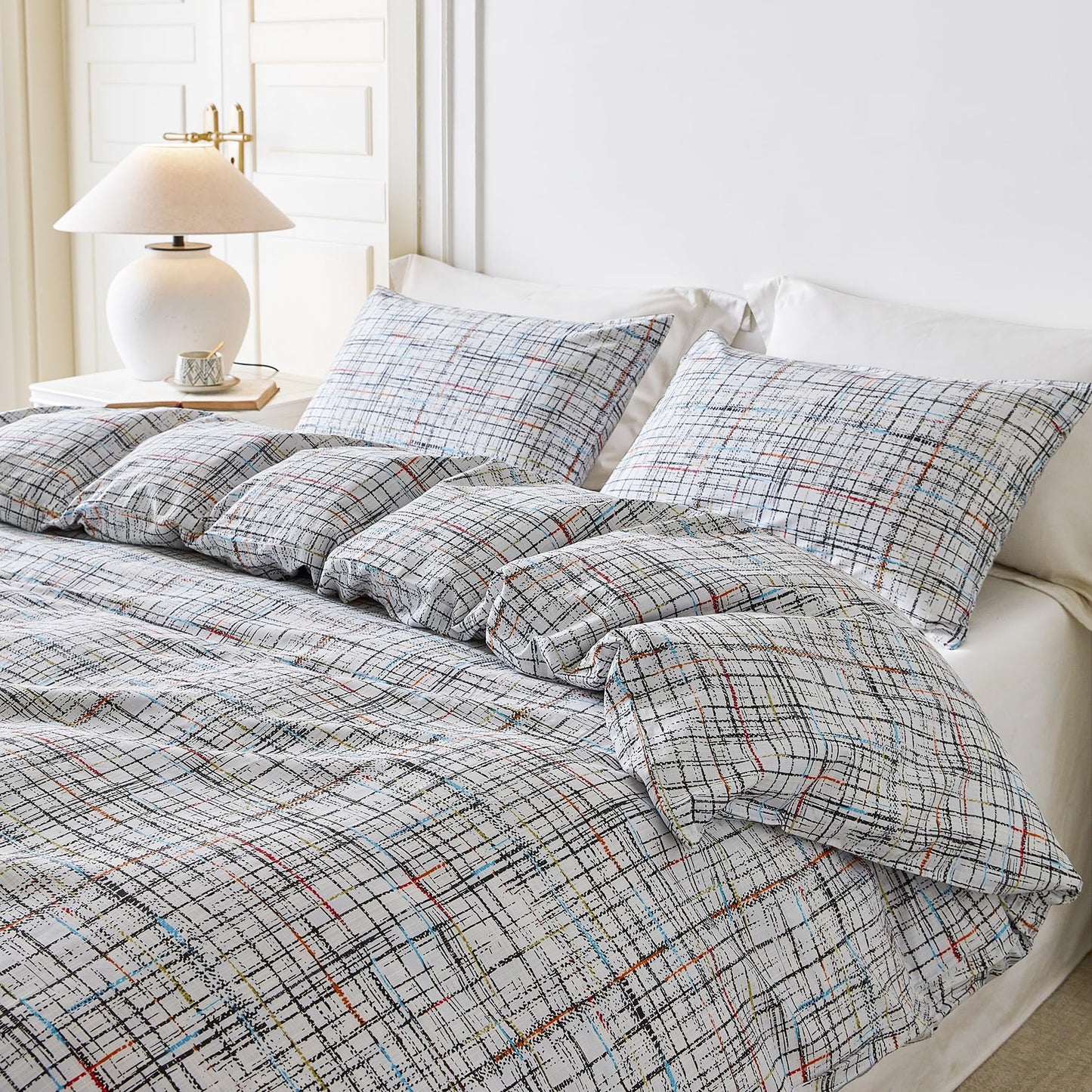 YuHeGuoJi Black Plaid Duvet Cover King 100% Cotton 3 Pcs Set 1 Blue Red Orange Striped Duvet Cover with Zipper Ties 2 Pillowcases Modern Geometric Black White Gingham Bedding Set Soft