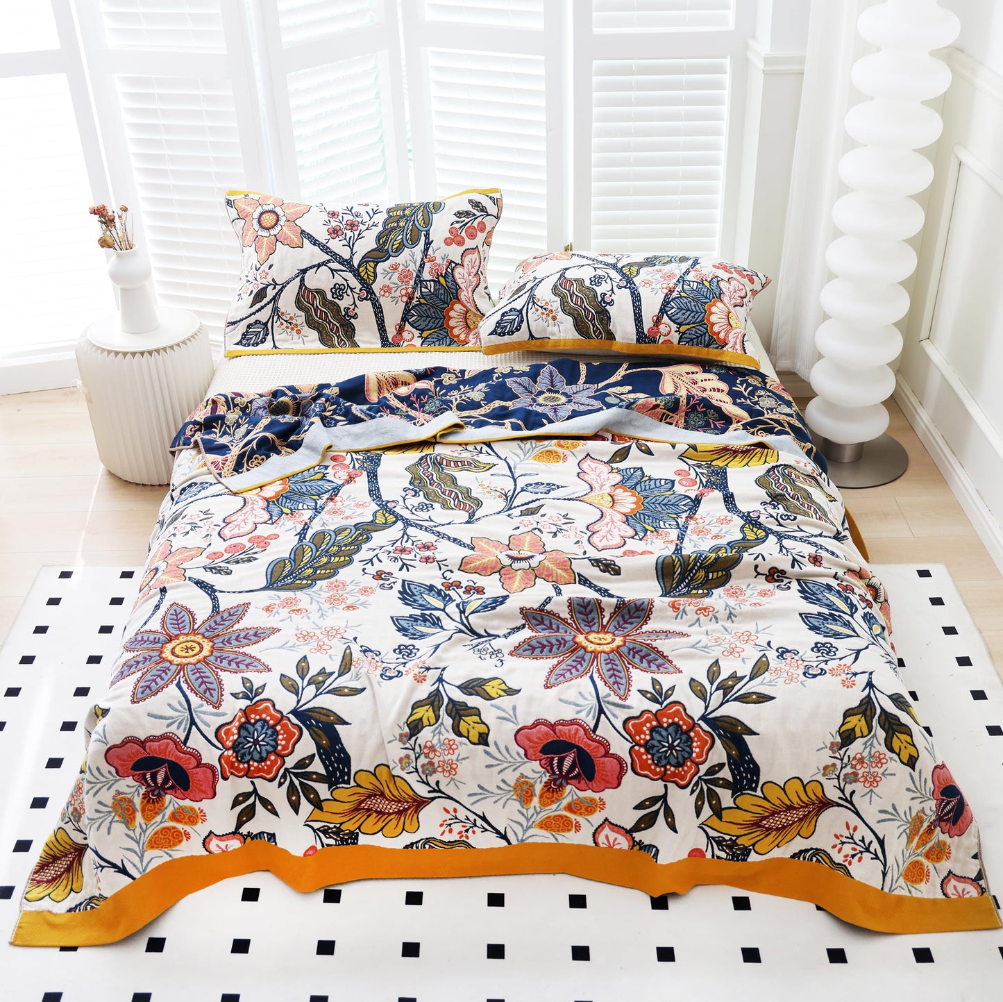 Scientific Sleep Boho Flower Blossom Farmhouse Retro Floral 100% Cotton Muslin Blanket Throw Cover for Bed Couch Sofa Cozy Soft Reversible Blanket Quilt Bedspread Coverlet Full Queen 80 in x 90 in