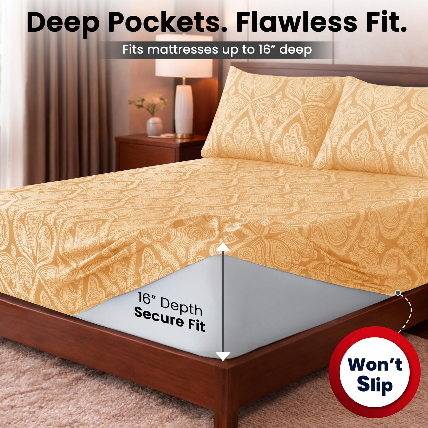 Ultra Soft Wrinkle-Free Microfiber Paisley Twin XL Sheet Set, Cute Floral Pattern Boho Print – 16" Deep Pocket Fitted Sheet, Flat Sheet & 2 Pillowcases, Breathable, OEKO-TEX - Taupe