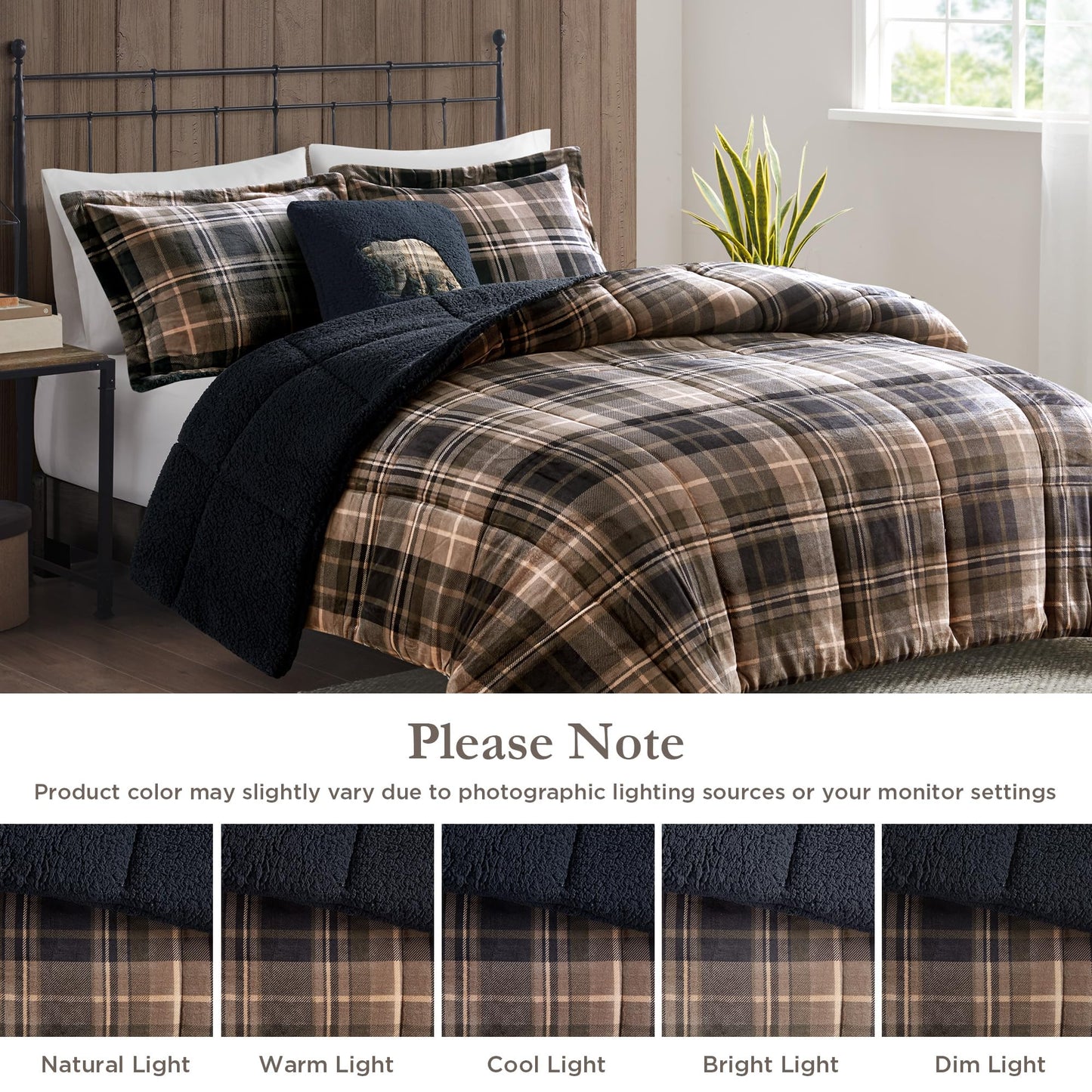 Woolrich Reversible Comforter Set Ultra Soft Plush to Sherpa, Down Alternative, Cold Weather Winter Warm Bedding, with Matching Sham, Decorative Pillow Brown/Black Full/Queen 4 Piece