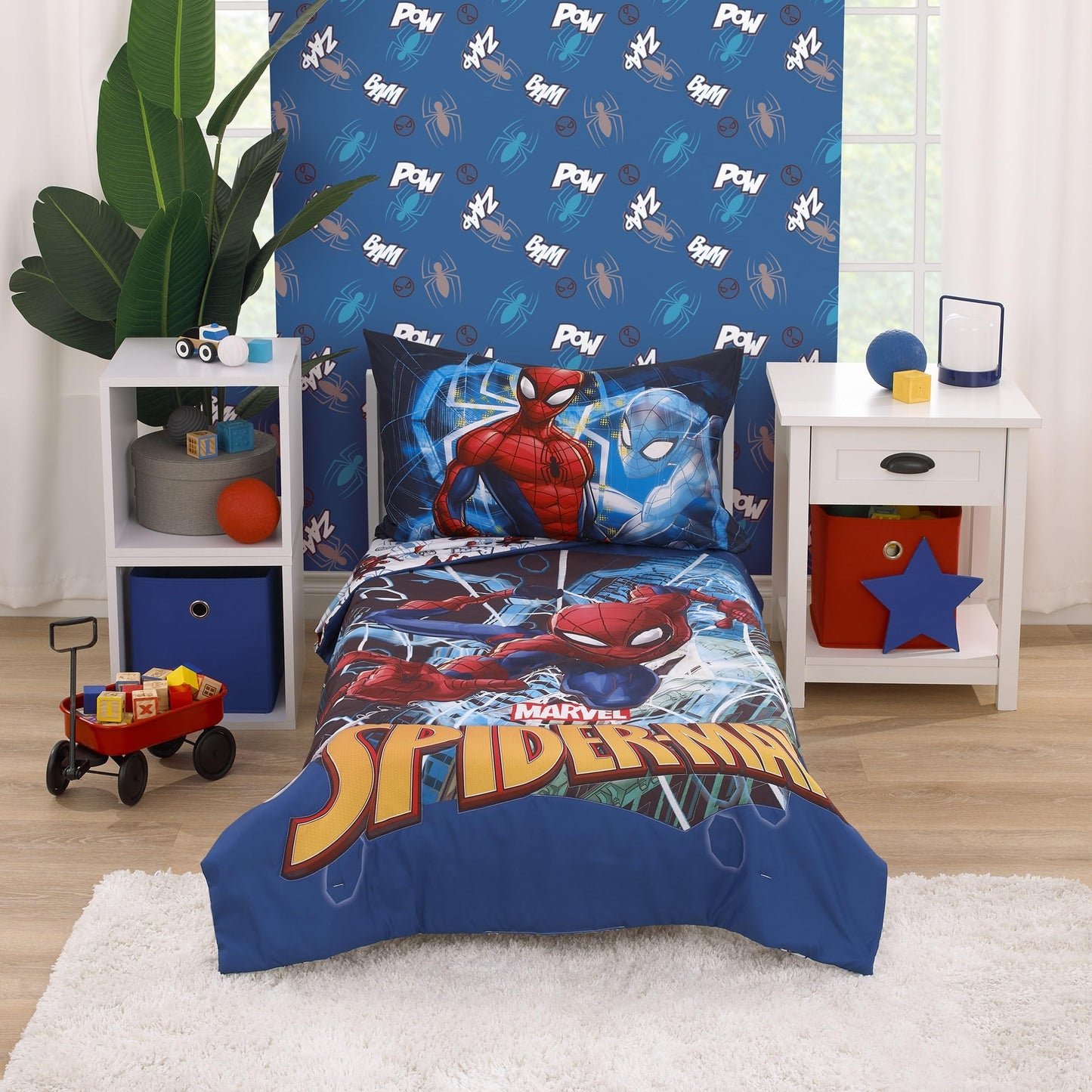 NoJo Marvel Spider-Man to The Rescue Red, White, and Blue 2 Piece Toddler Sheet Set - Fitted Crib Sheet, and Reversible Pillowcase