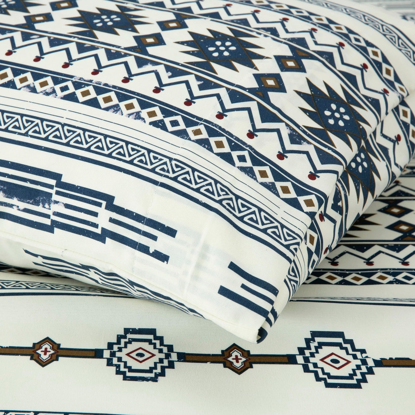 Chezmoi Collection 4-Piece Southwestern Tribal Lodge Bed Sheet Set, Queen Size - Ivory Navy Brown Red Printed Microfiber Soft Breathable Deep Pocket Sheets and Pillowcases Set