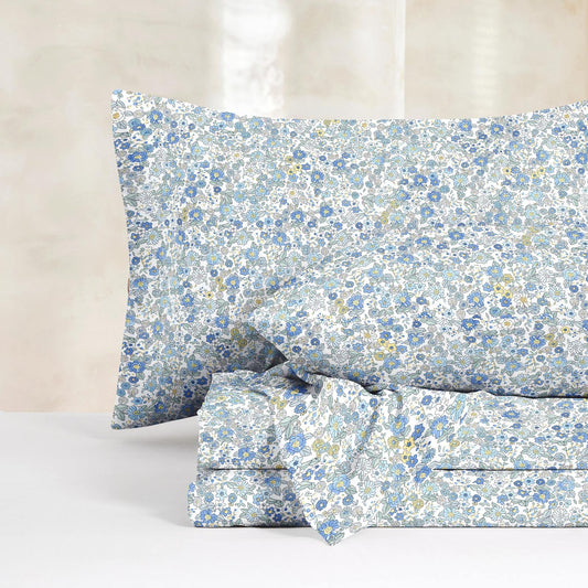 Wake In Cloud - Floral Bed Sheets, 4-Piece Sheet Set, Shabby Chic Flower Pattern Printed Country Coquette Cottage Aesthetic Bedding, Deep Pocket, Light Blue, Queen Size