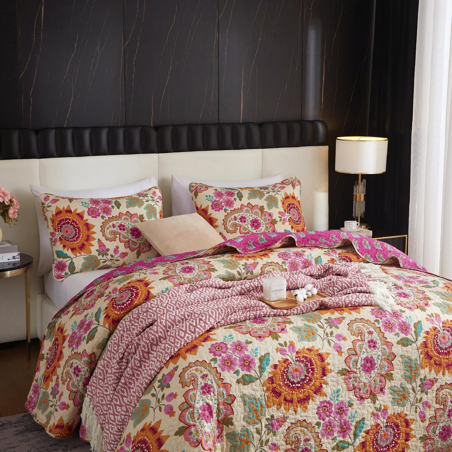 YASMENG 100% Cotton Boho Quilt Set Queen Size Vibrant Bohemian Paisley Coverlet