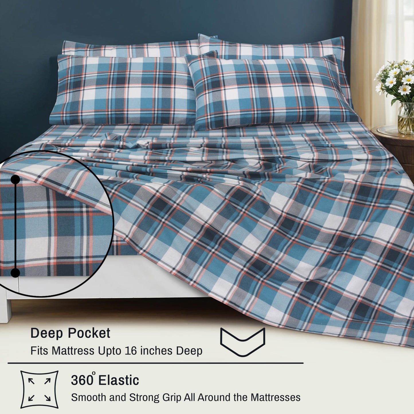 RUVANTI Flannel Sheets Queen Size 4 Pcs - 100% Cotton Double Brushed Bed Sheets, Deep Pockets 16 Inches Queen Sheet Set, All Seasons Breathable, Extra Soft & Comfy, Dynasty