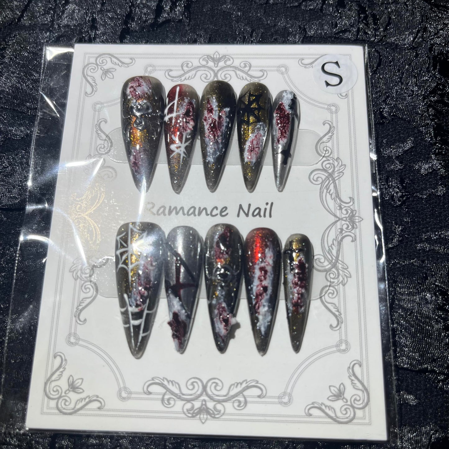 Press on Nails Handmade Nails 10Pcs Gothic Style Manual Nail Art Dark Fake Nails for Women Party Holiday Photo 3.0CM Size S