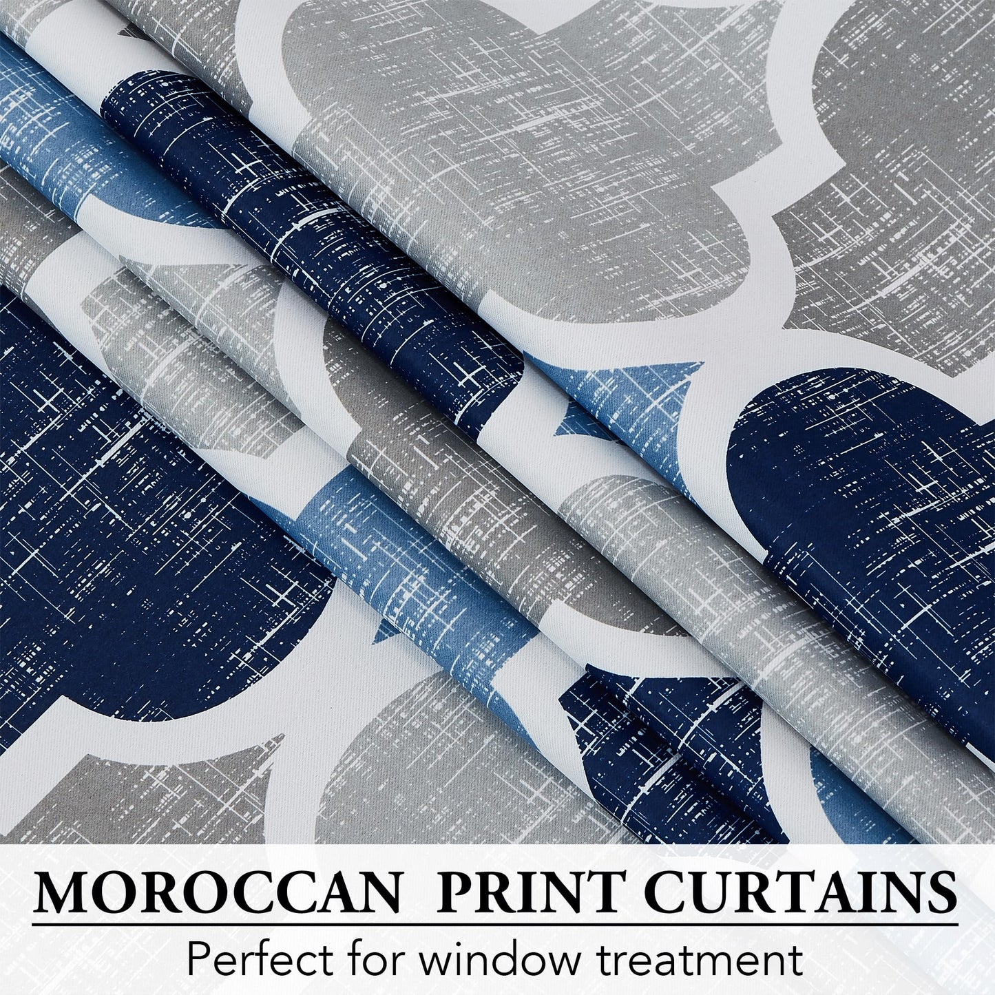 Beauoop 100% Blackout Curtains 84 Inches Long 2 Panels for Bedroom Living Room Blue Grey Moroccan Geo Room Darkening Thermal Insulated Soundproof Grommet Top Window Treatments Drapes, 50x84 Set of 2