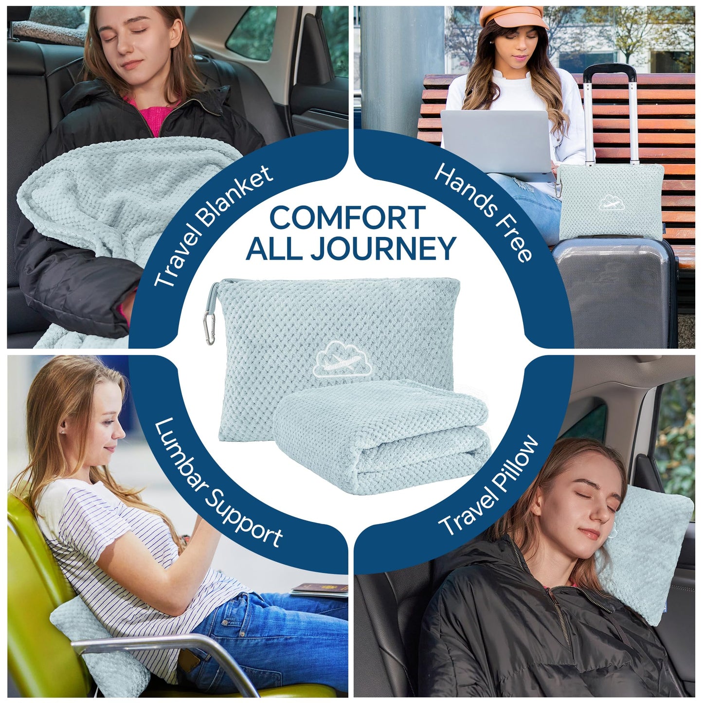 BEDELITE Travel Blanket with Bag, Ultra-Soft Jacquard Fleece Blanket with Luggage Sleeve & Backpack Clip, Airplane Blanket Travel Essentials, Blue