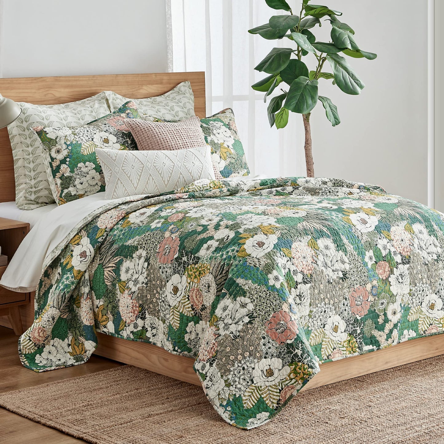 Levtex Home - Bettina Quilt Set - King Quilt and Two King Shams - Floral - Teal, Blue, Green, Mauve, Cream - Quilt (106x92in.) and Shams (20x36in.) - Reversible - Cotton