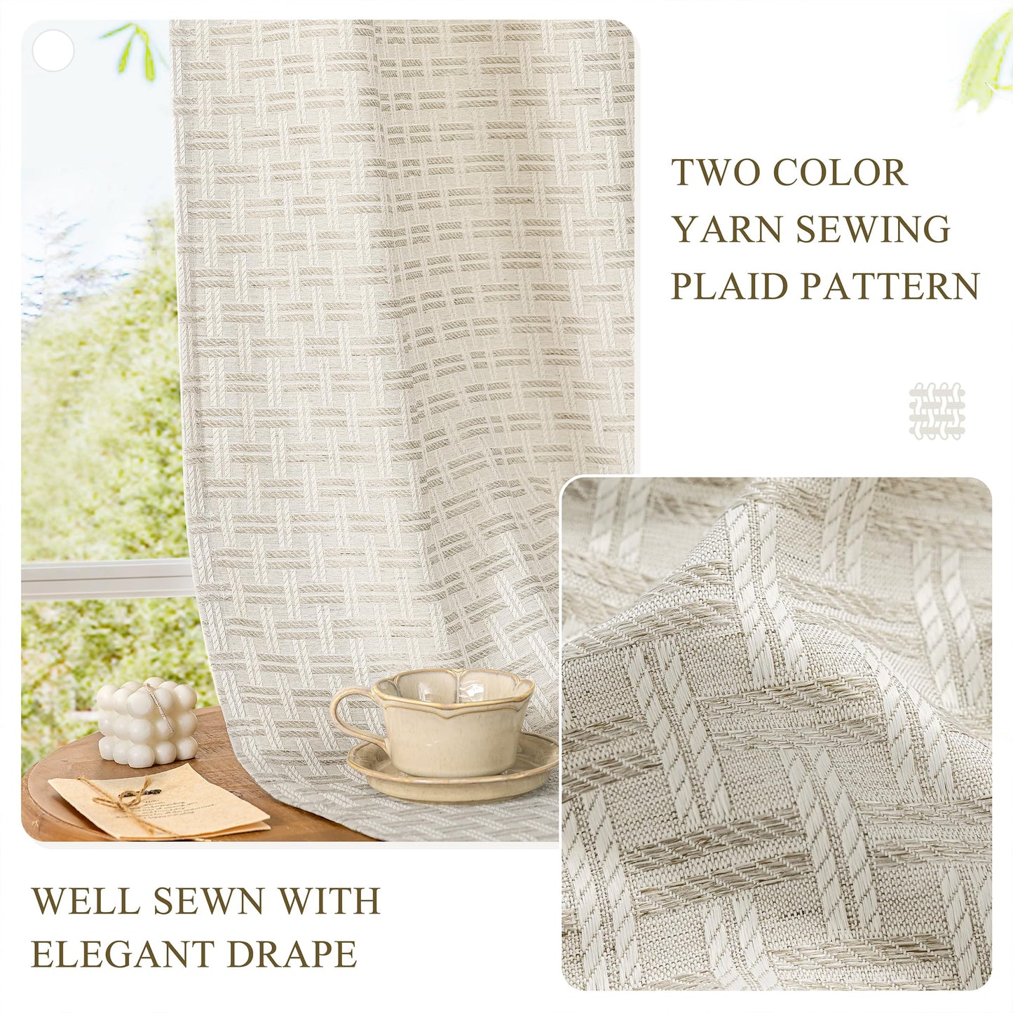 ChrisDowa Semi Sheer Natural Linen Curtains 84 Inches Long 2 Panels for Living Room Dining Room Plaid Patterned Light Filtering Voile Grommet Window Treatments Drapes Privacy Assured,52X84