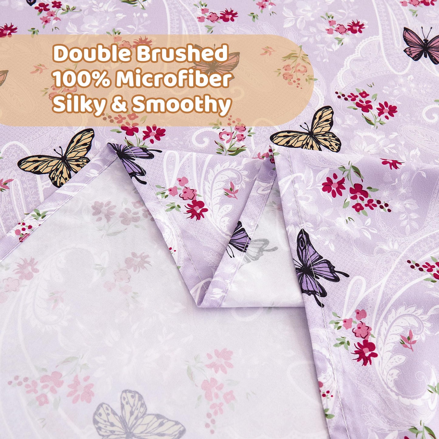 Softan Floral Twin Size Sheet Set, Purple Paisley Flower Printed Sheets for Kids Girls, Brushed Microfiber Fitted Sheet with 15" Deep Pocket & Non-Slip Straps, Butterfly Patterned Sheets
