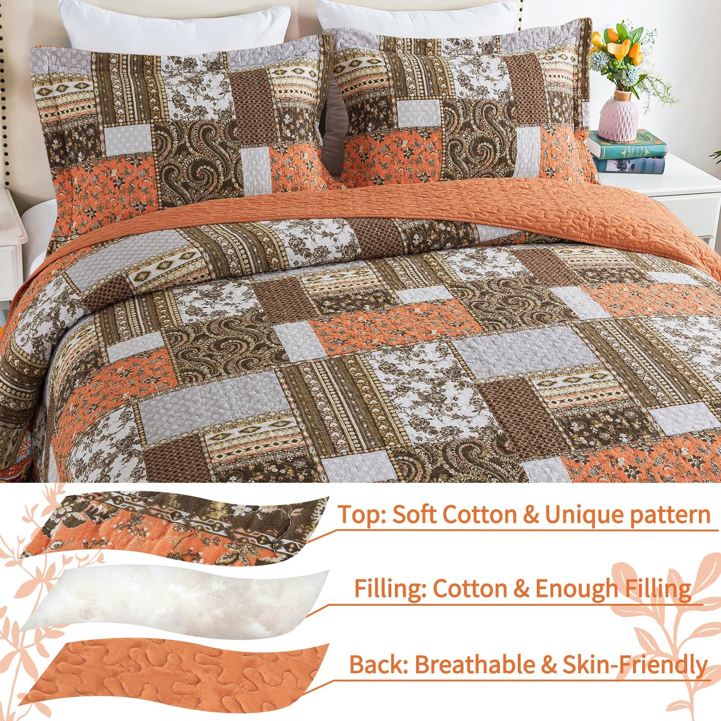 VAPUTAR Quilts Queen Size - Fall Cotton Quilt Set Quilted Bedspread Coverlet Lightweighet Bedding Set with Shams for All Season, 3 Piece Boho Patchwork Quitled Bedspread Queen Size (Dream Orange)