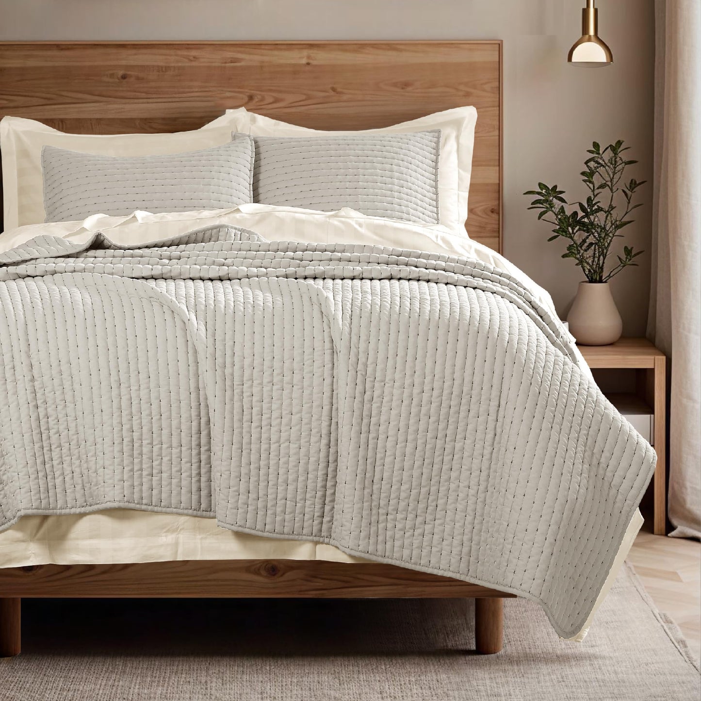 COOLXTRA Lightweight Quilted Bedspread Quilt Set, Pre-Washed Brushed Microfiber, Handmade-Look Stitching, All-Season Decorative Coverlet with 2 Pillow Shams, Oversized Queen, Grey
