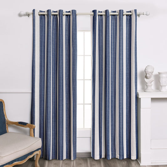 DriftAway Chris Linen Blackout Curtains with Thermal and Sound Reducing Layer 84 Inches Long for Bedroom Striped Printed Drapes Thermal Insulated Lined Window Treatments for Living Room Dark Blue