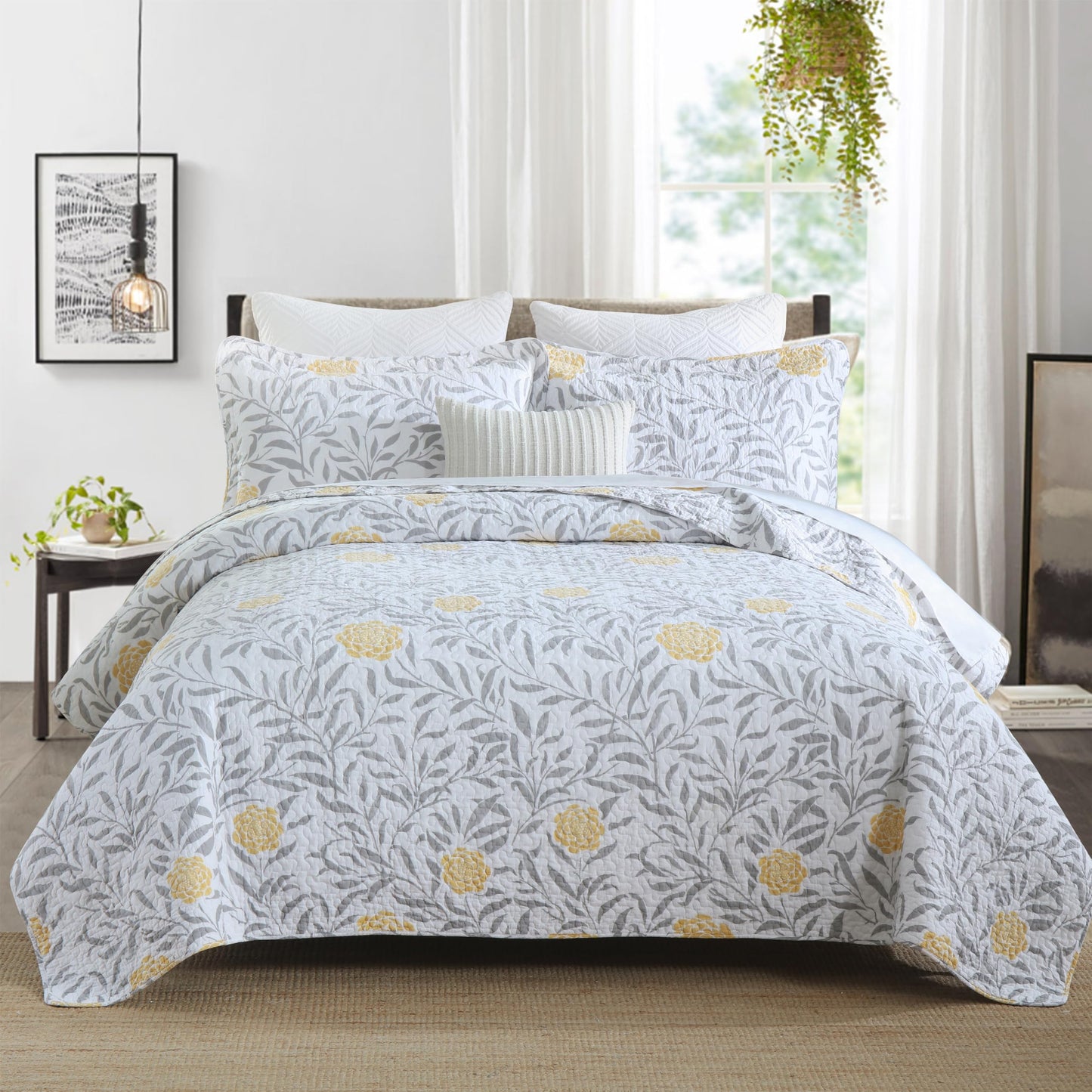 Homzard Floral Queen Comforter Set - 100% Cotton Quilts Queen Size,Yellow Gray White Bedspreads (90 * 98 Inch) with 2 Pillow Shams, Farmhouse Lightweight Bedding 3 Pieces