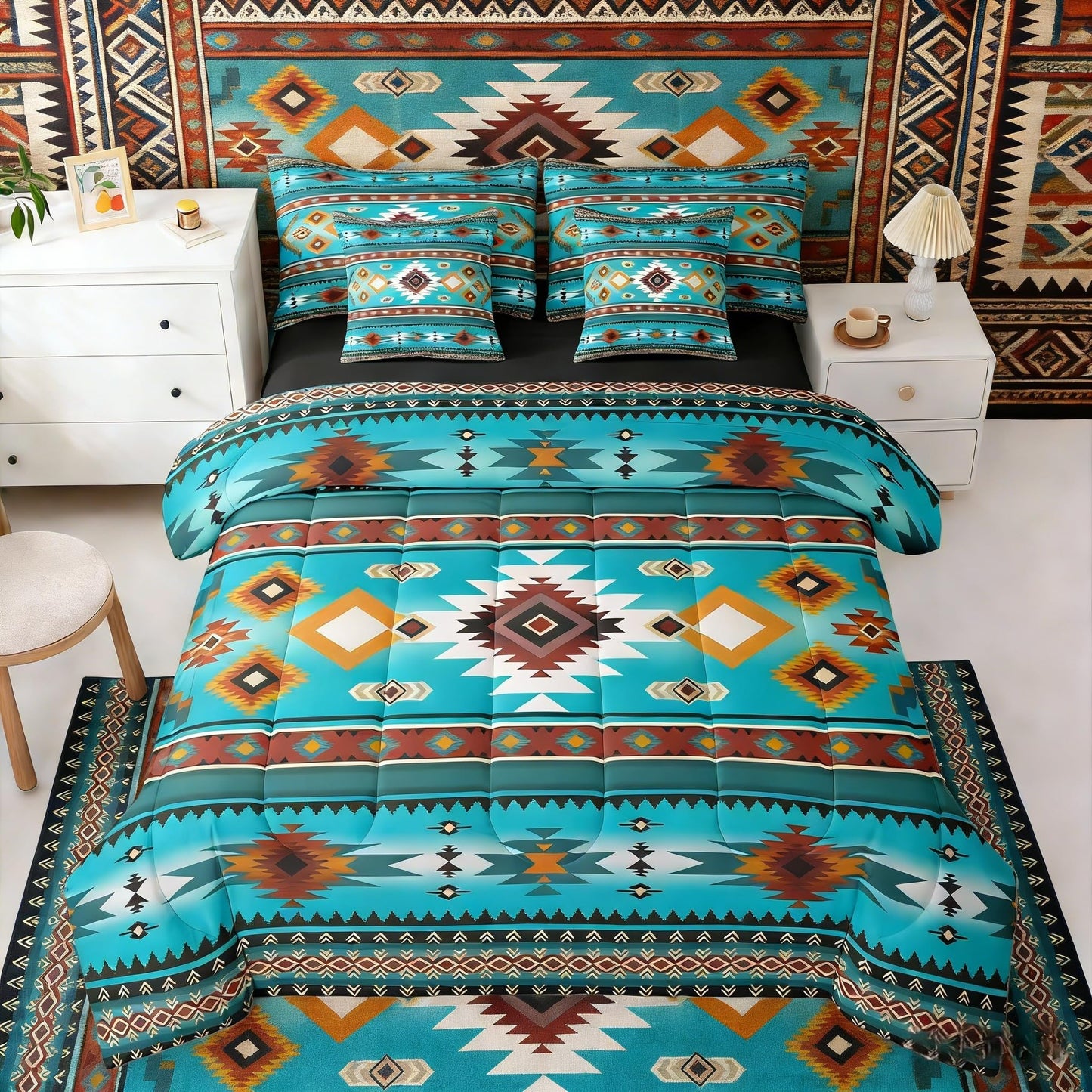 Erosebridal Black Teal Blue Cowboy Aztec Full Comforter Set 7 Pieces | Southwestern Bohemian Bed in A Bag for Bedroom Geometric Farmhouse Cowgirl Bedding Set with Comforters Tribal Adults Room Decor