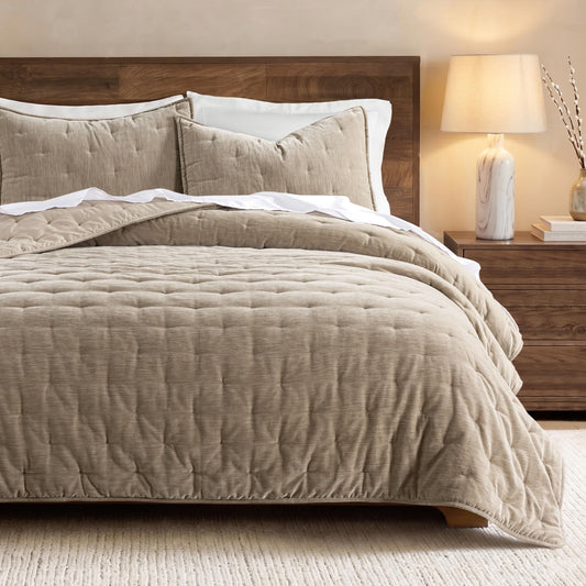 WDCOZY Chenille Velvet Queen Size Quilt Set - Beige Cloud Soft Lightweight Bedspread, Neutral Tan Farmhouse Country Rustic Coverlet, Taupe Camel Modern Bedding Warm Thin Comforter, 3 Pieces