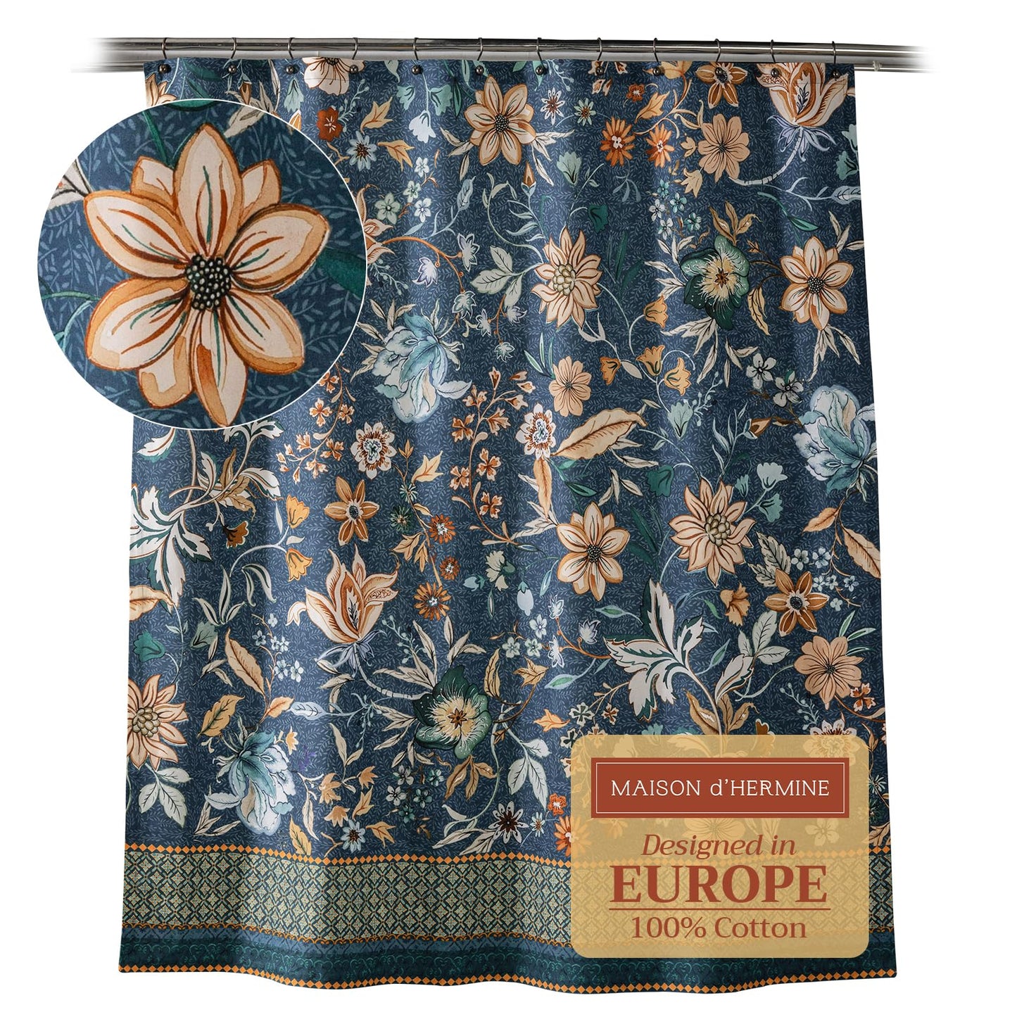 Maison d' Hermine Shower Curtain 100% Cotton One Panel 70"x72" Washable Fabric Shower Curtains for Bathroom, Easy Hanging with 12 Button Holes - Home Spa Spring Summer - Luxury Loft - Dark Teal