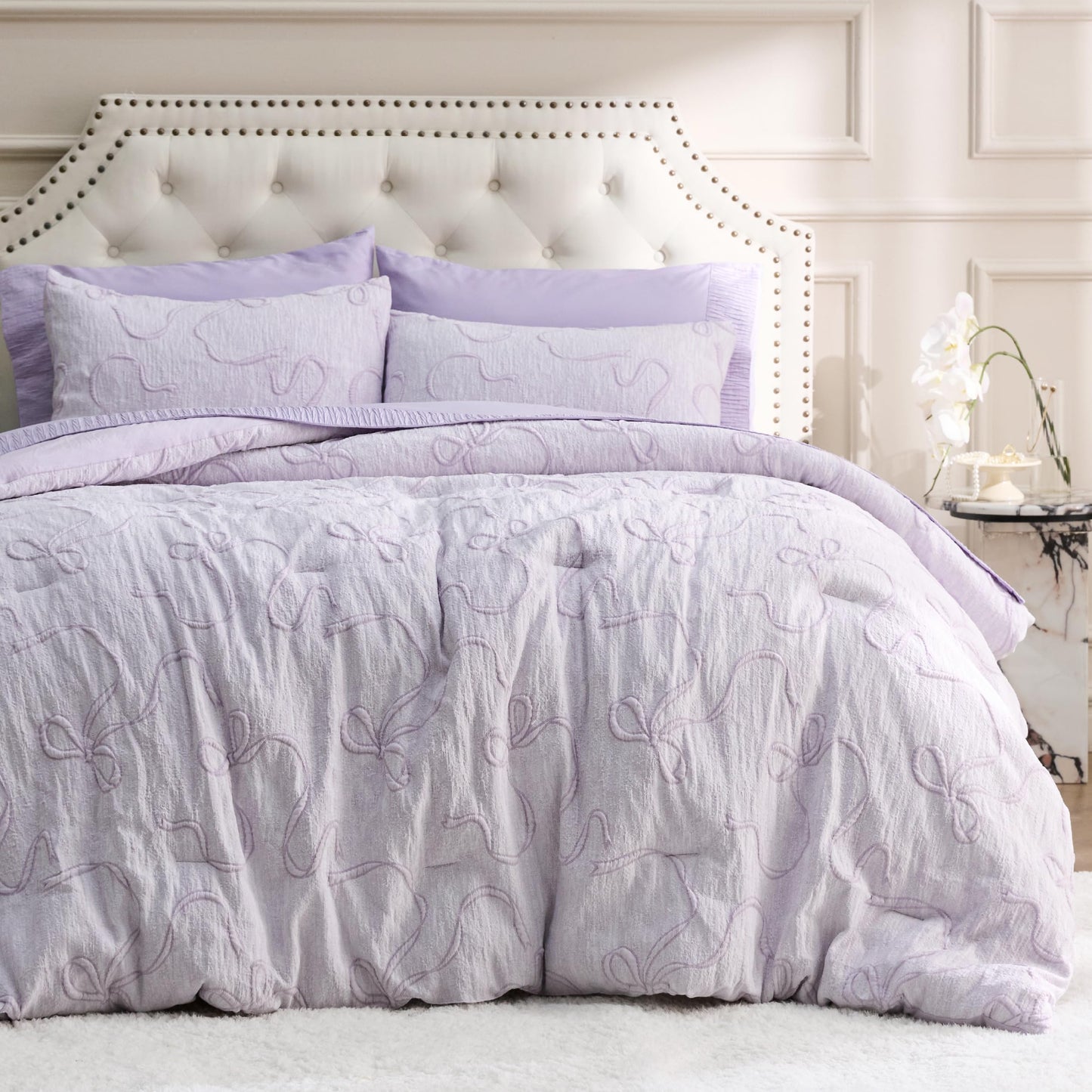 Bedsure Lavender King Size Comforter Set, GentleSoft™ 3 Pieces Breathable Bow Comforter Set Women with 2 Pillow Shams, Cute King Bedding Set Room Decor Aesthetic Bedroom Decor, 104x90 Inches