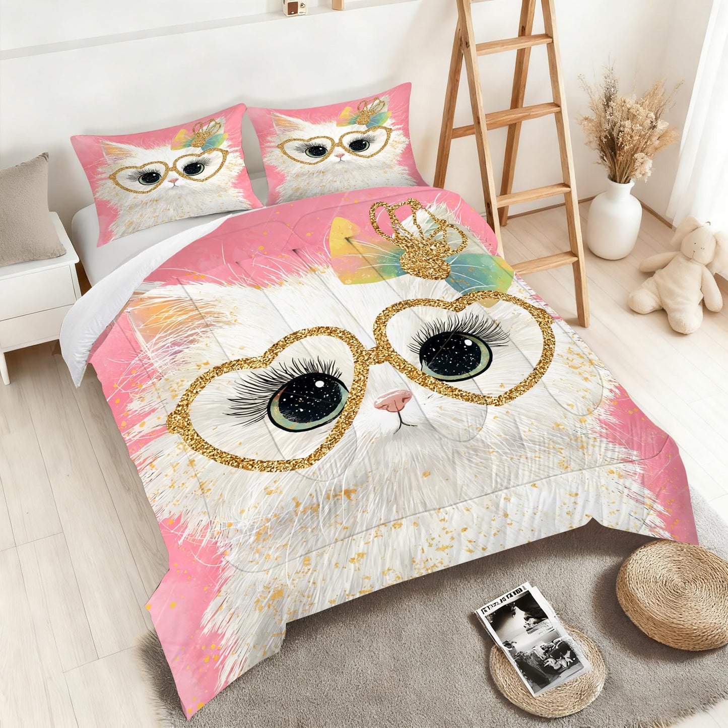 VTKON Cute White Cat Bedding Set Twin Size Pink Glitter Heart Glasses & Rainbow Bow Comforter Set Kawaii Cat Print Bed Set for Girls Bedroom Kitten Toddler Quilt Set with 1 Comforter + 1 Pillowcase