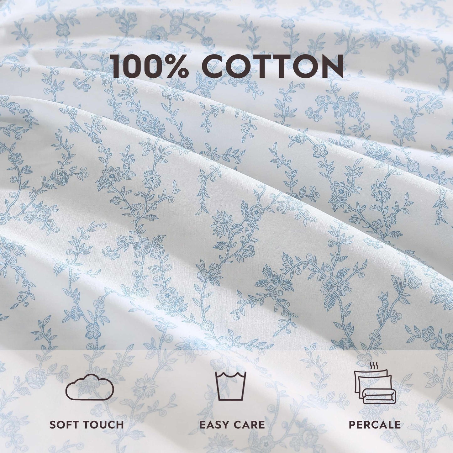 Laura Ashley – Twin Size Sheet Set, Crisp & Lightweight Cotton Percale Bedding with Fitted Sheet and Pillowcase, Floral Room Decor, Deep Pocket, College Dorm Room Essentials (Victoria Blue)
