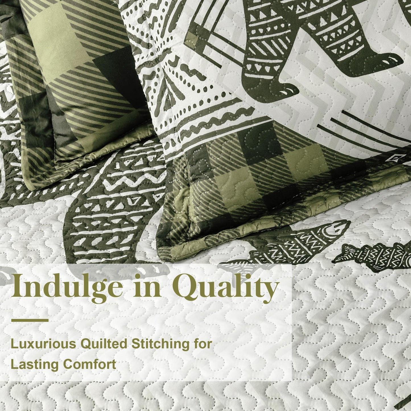 3 Piece Cabin Full/Queen Quilt Sets Farmhouse Rustic Reversible Microfiber Soft Lightweight Bedspread Comforter with 2 Shams Patchwork Country Lodge Bedding Quilts Set for All Season, 90''x96'', Green