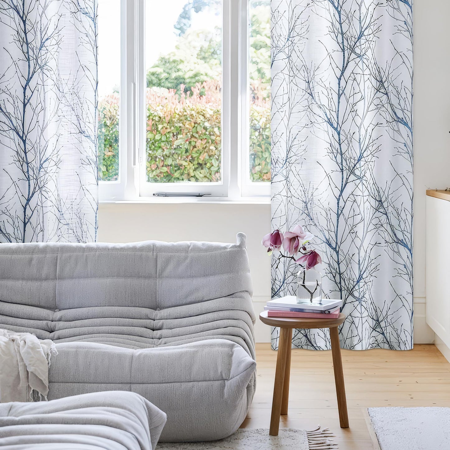 FMFUNCTEX Linen Semi Sheer Curtains for Bedroom, Blue White Curtains 84 Inches Long for Living Room, Grey Tree Branch Patterned Curtain Light Filtering Farmhouse Window Drapes, Grommet Top 2 Panels