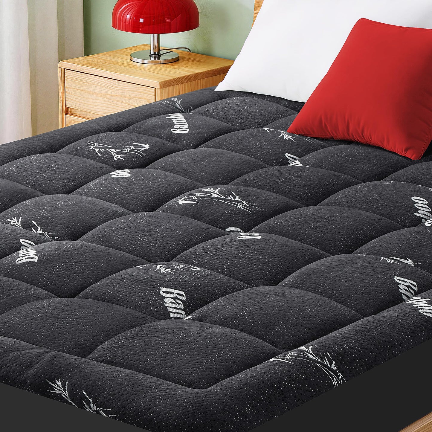 Mattress Pad Queen Size, Cooling Pillow Top Mattress Topper, Ultra Soft Viscose from Bamboo, Breathable for Hot Sleepers, Deep Pocket 8"-20", Black