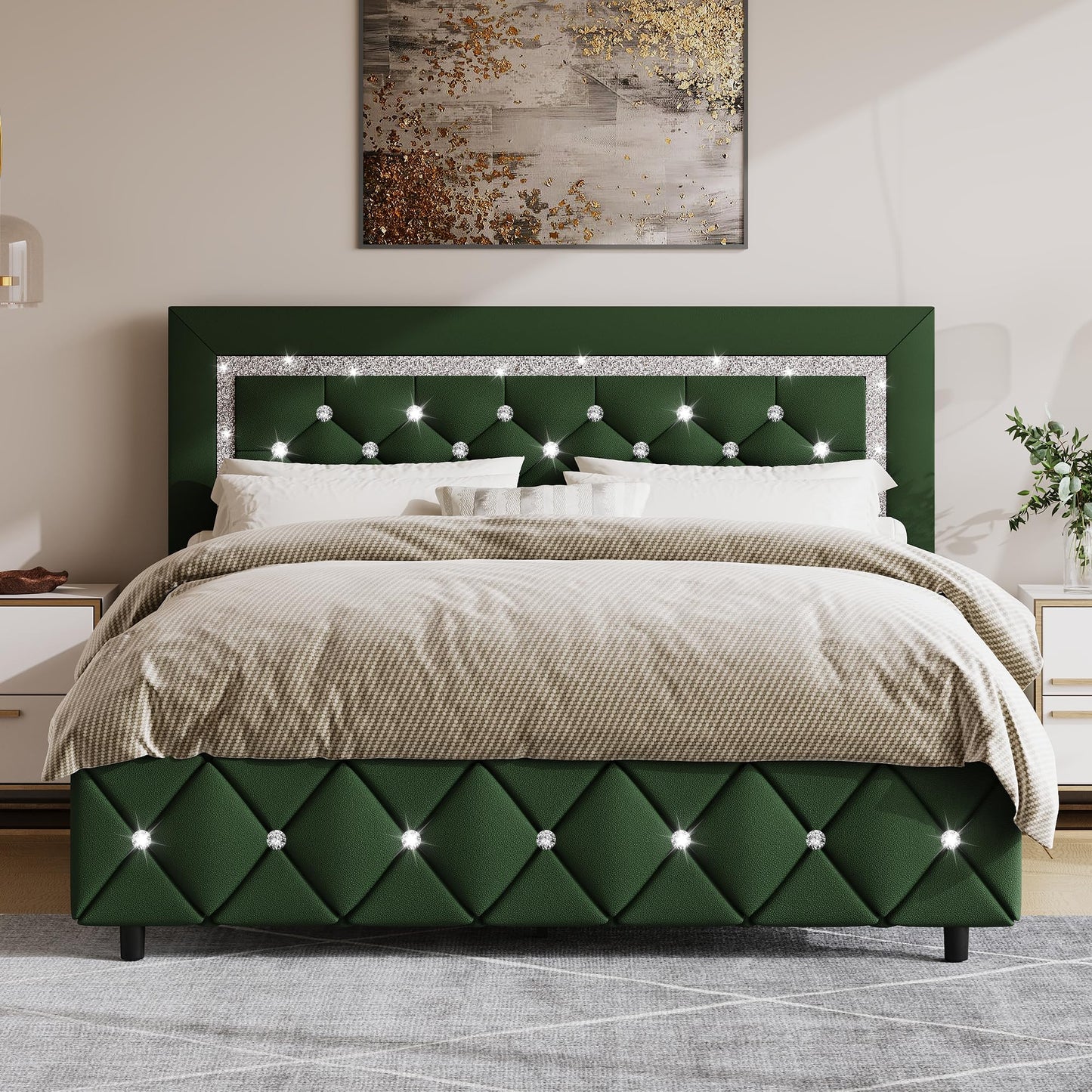 BarnFurin Queen Size Bed Frame with Headboard, Faux Leather Upholstered Bed with Diamond Tufted Design, Modern Bed Frame with Wooden Slats Support, No Box Spring Required, Easy Assembly, Green