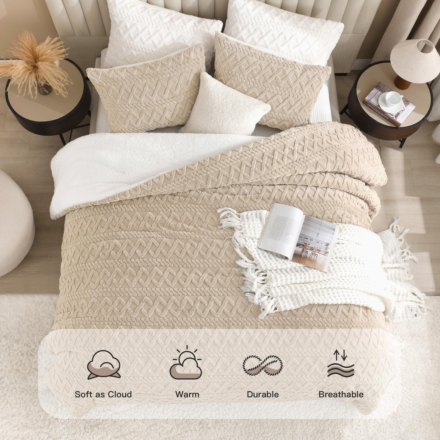 Andency Fluffy Sherpa Full Comforter Set, Super Soft Beige Fleece Warm Bedding for Winter, Luxury Jacquard Boho Thick Fuzzy Plush Bed Set 3 Pieces(1 Shaggy Comforter, 2 Pillowcases)