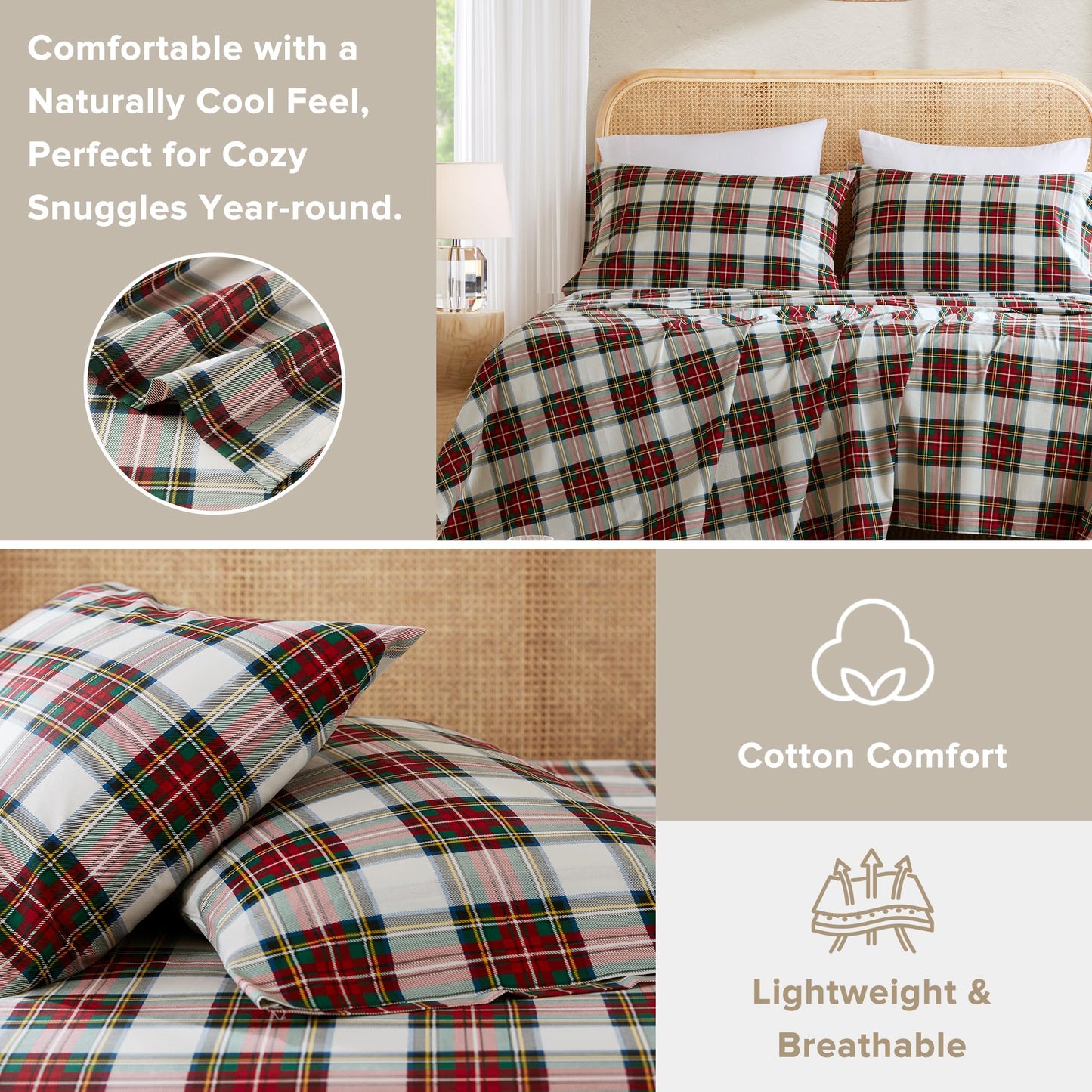 Comfort Spaces 100% Cotton Sheets King, Breathable, Naturally Cool Cotton Sheets, Cotton Bed Sheets with 14" Elastic Pocket Fits up to 16" Mattress, All Seasons Sheet Set, Scottish Plaid Red 4 Piece