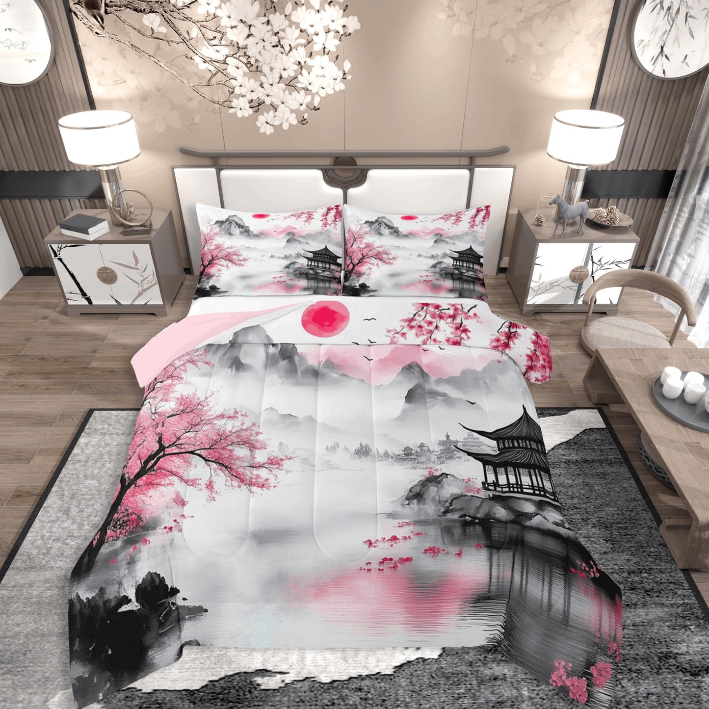 jejeloiu Chinese Ink Painting Comforter Set Queen Size Cherry Blossom Bedding Set for Kids Boys Girls Japanese Style Duvet Quilt Mountain Red Sun Bedroom Decor Microfiber 3 Pcs with 2 Pillow Cases