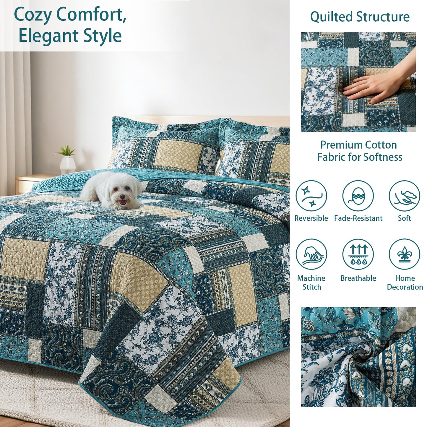 TWINRUN California King Quilt, Cotton California King Quilt Sets (108 X 118 Inch), 3 Piece Farmhouse Patchwork Bedspread, Lightweight Oversized King Quilt Coverlet for All-Season