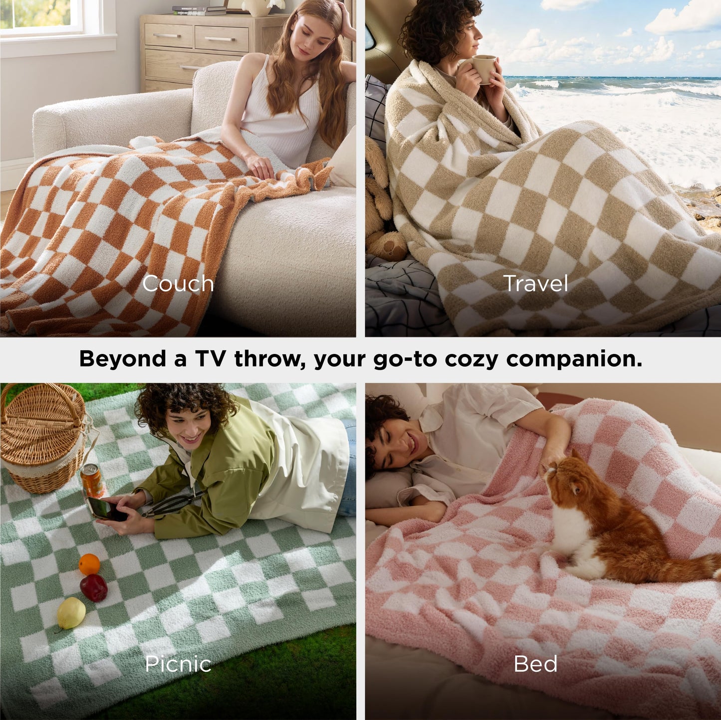 Bedsure Beige Throw Blanket for Couch, Cozy Soft Checkered Blanket, Lightweight Warm Knit Fluffy Throw Blankets for Bed Sofa, Camping, Picnic, Travel, Gifts for Women Men, 50x60 Inches