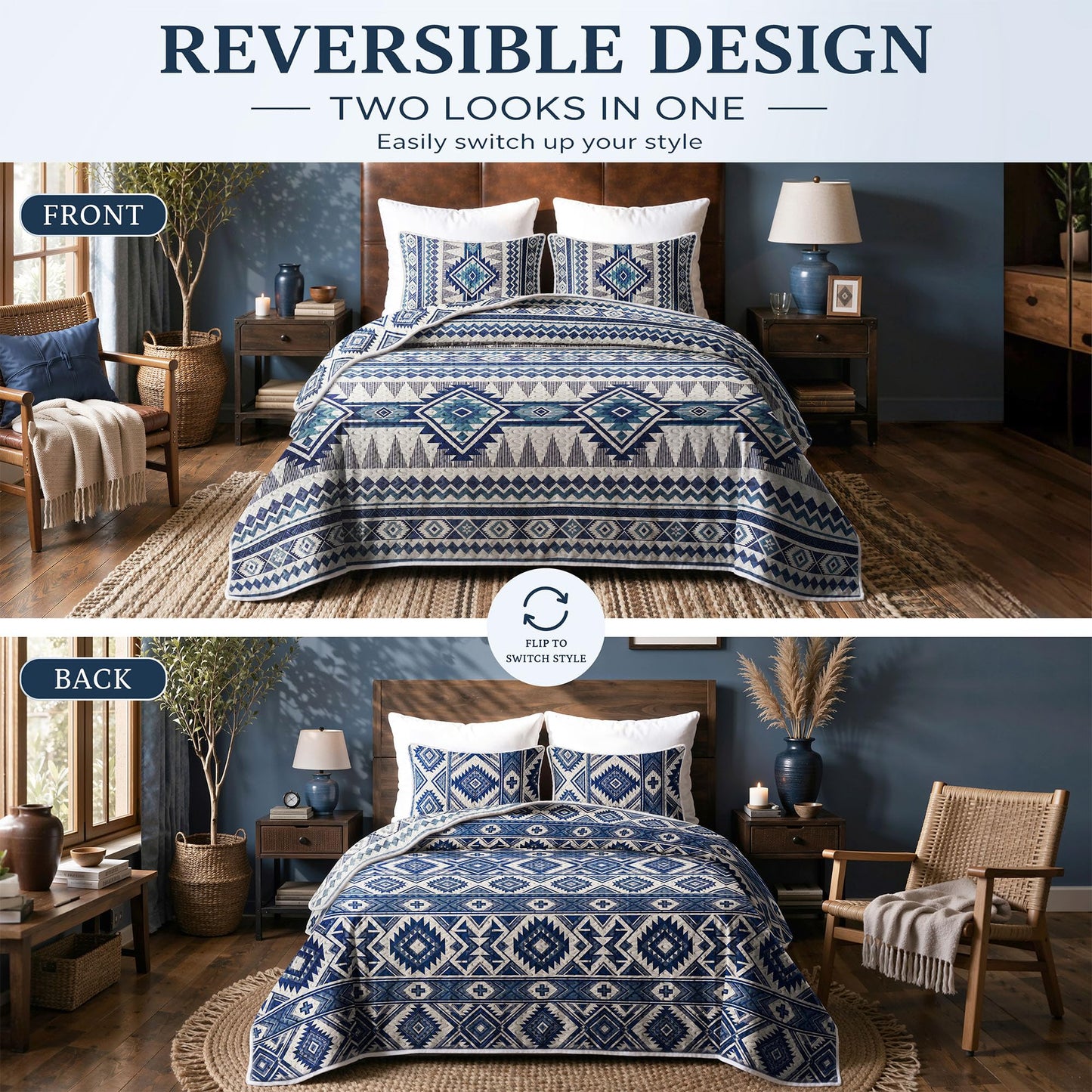 akkialla Reversible Blue Boho Queen Quilt Set, 2-Piece Bohemian Aztec Microfiber Bedspread, Soft Lightweight All-Season Coverlet (1 Quilt, 2 Shams)