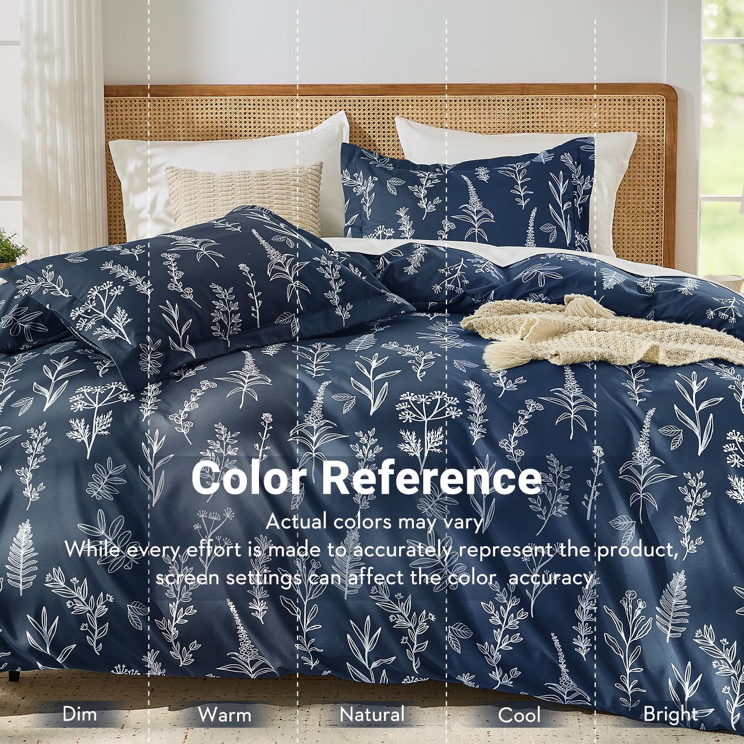MUXHOMO Duvet Cover Queen Size, Reversible Floral Navy Duvet Cover Set with Zipper Closure, 3 Pieces Botanical Patterns Soft Microfiber Bedding Set with 4 Ties (90"x90", 2 Pillow Cases)