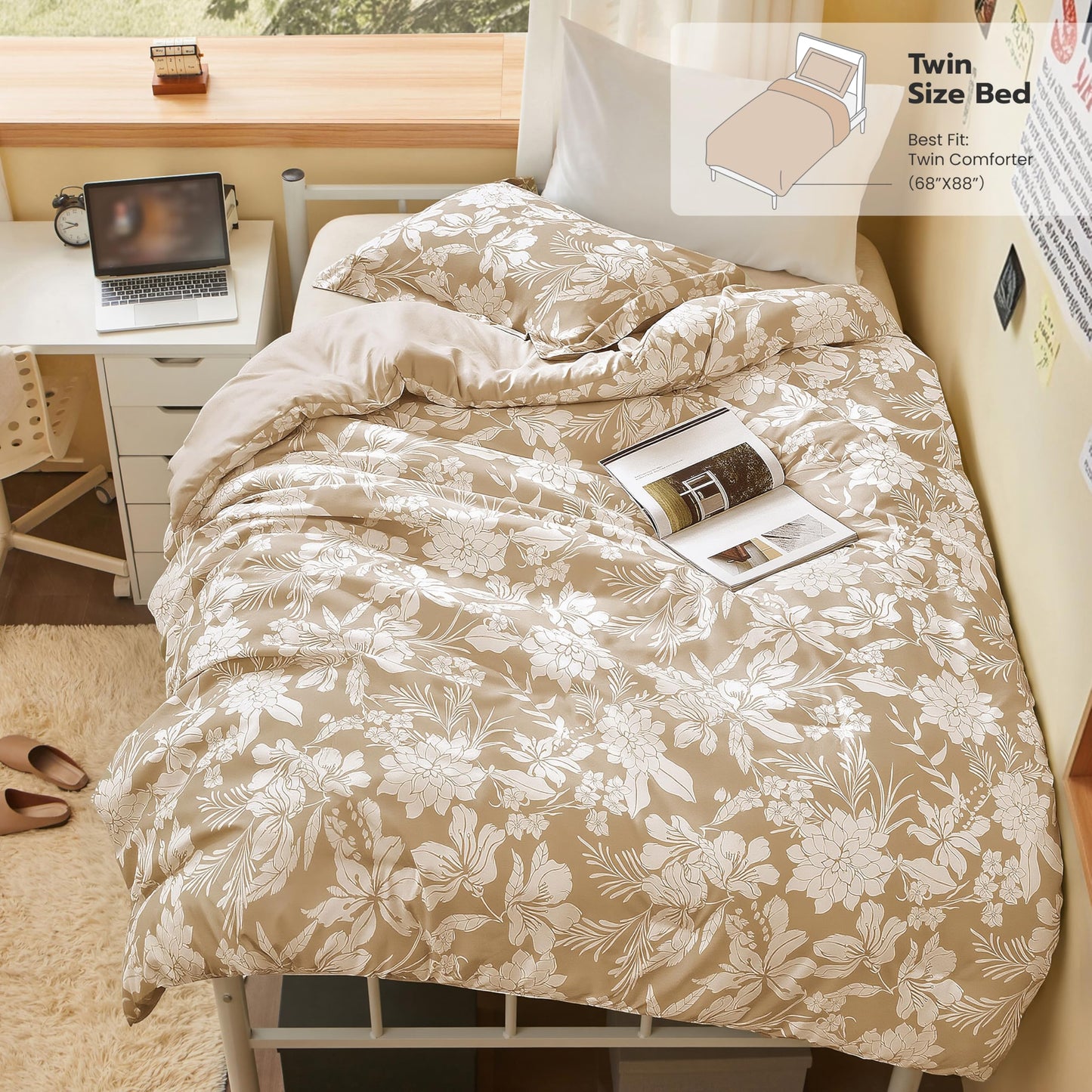 Joiedomi Floral Twin Comforter Set Beige Bedding Set - 2 Pieces Twin Bed in a Bag with 1 Soft Reversible Botanical Flowers Leaves Comforter and 1 Pillow Sham